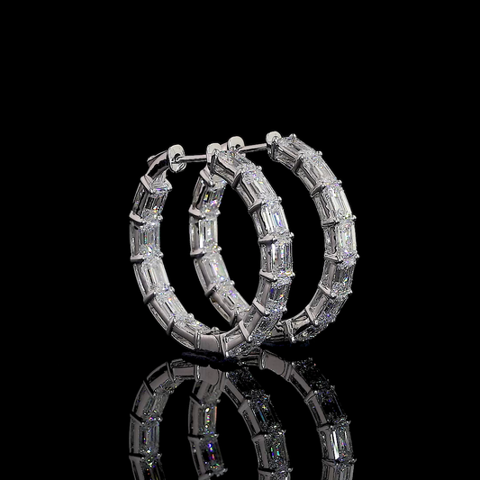 7.39 Total Carats Earring Hoops, Emerald Cut, F Color, VVS1 Clarity  in 14K White Gold  Model: J77