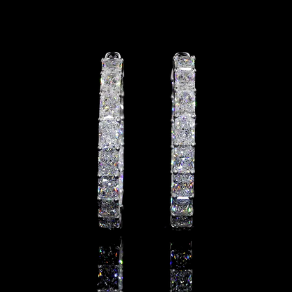 10.19 Total Carats Earring Hoops, Radiant Cut, F Color, VS2 Clarity  in 14K White Gold  Model: J103