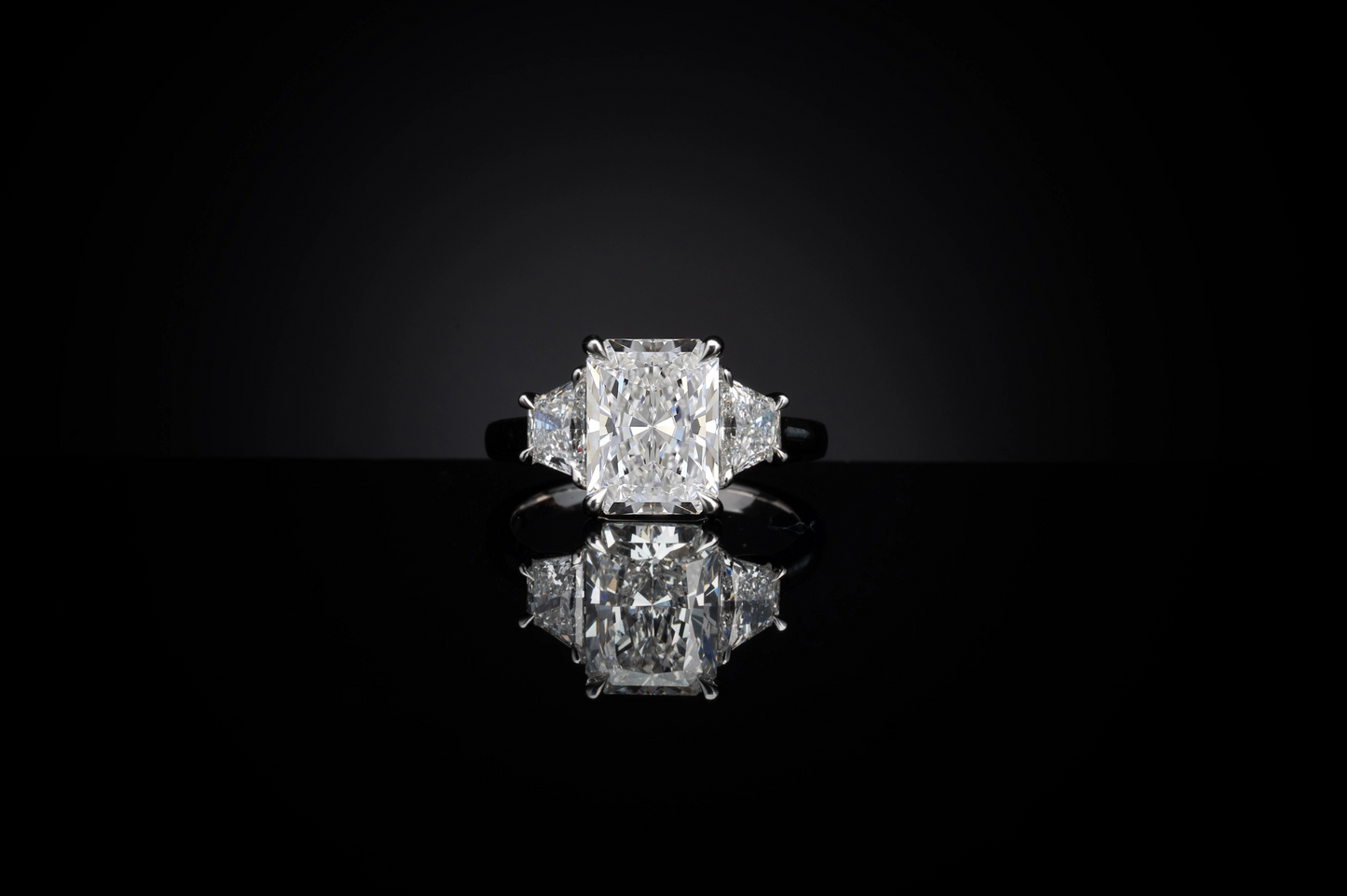 5.51 Total Carats Ring 3 Stones, Radiant Cut, E Color, VS1 Clarity  in 14K White Gold  Model: J597